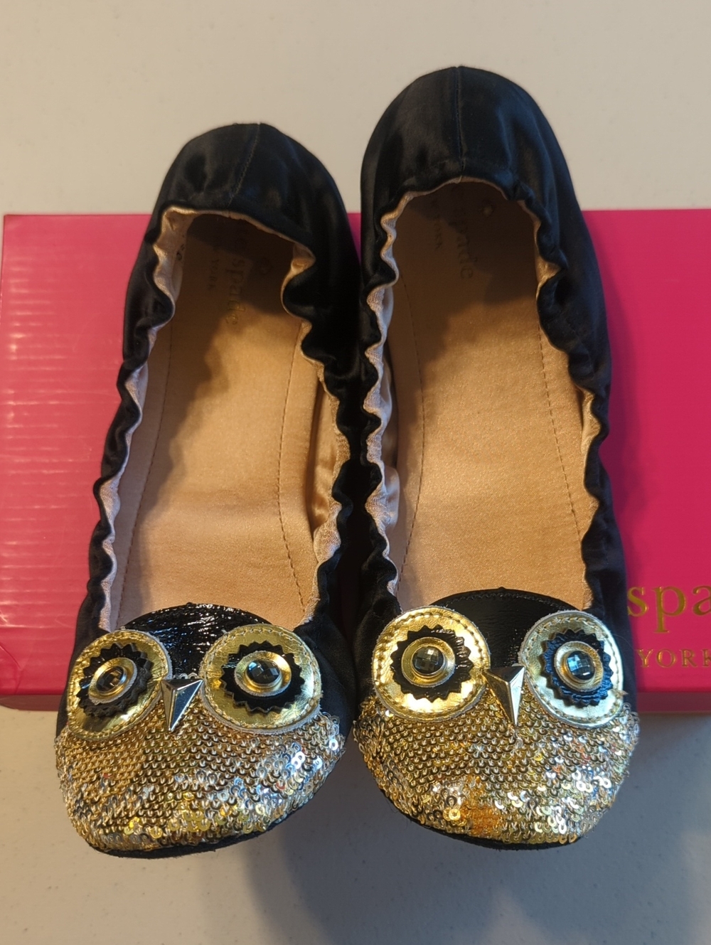 kate spade Black Ballet Slippers with Gold Sequin Owl Toe